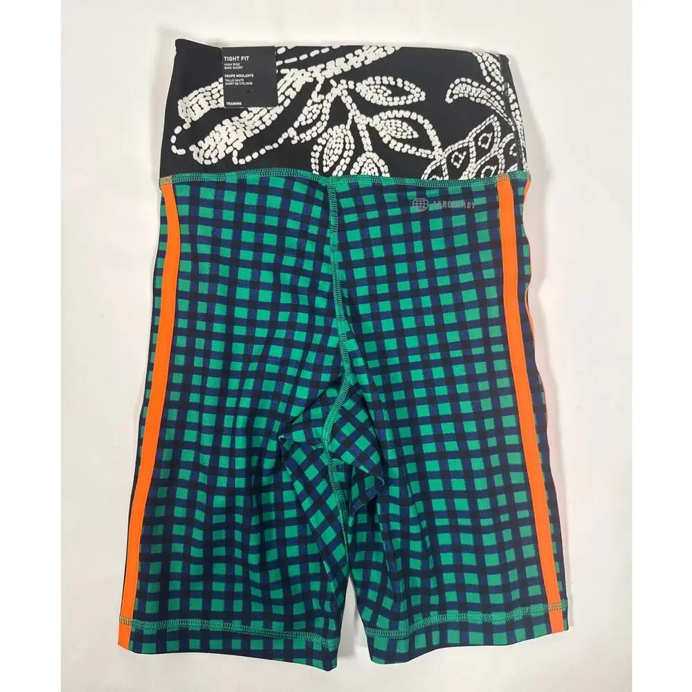 Adidas x FARM Rio High Rise Biker Shorts Colorful Check Print Womens XS NWT - Picture 6 of 6